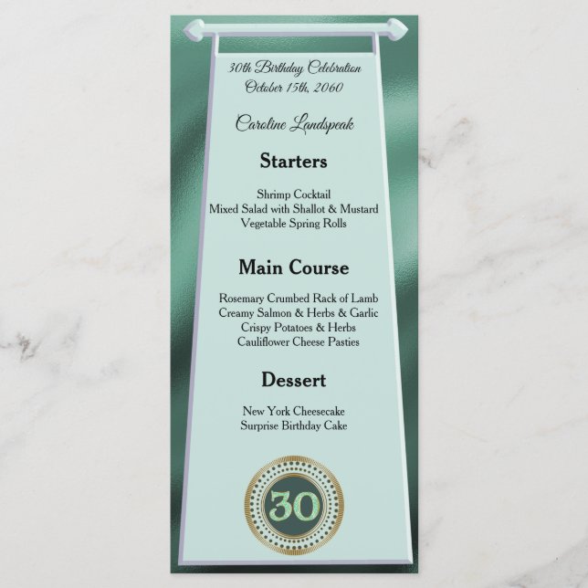 Happy 30th Birthday Green Glitter Foil Menu (Front)