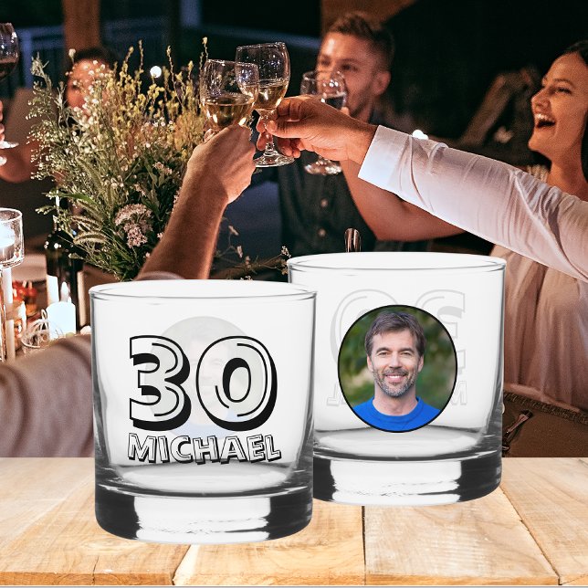 Happy 30th Birthday Name And Photo Whiskey Glass (Front And Back)