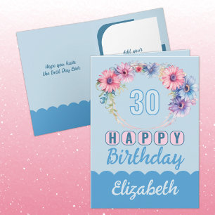 Happy 30th Birthday name floral blue Card