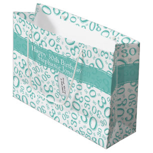 Happy 30th Birthday Number Pattern Teal and White Large Gift Bag