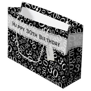 Happy 30th Birthday Party Pattern Black and White Large Gift Bag