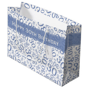 Happy 30th Birthday Party Pattern Blue and White Large Gift Bag