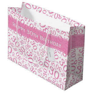 Happy 30th Birthday Party Pattern Pink and White Large Gift Bag