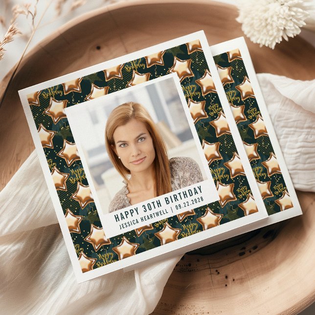 Happy 30th Birthday Photo Glam Star Balloons Napkin (Creator Uploaded)