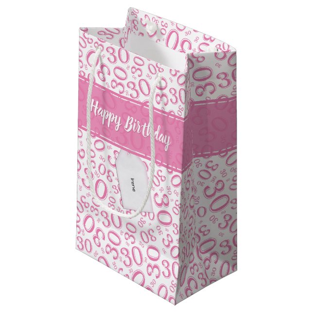 Happy 30th Birthday Pink and White Number Pattern Small Gift Bag (Front Angled)