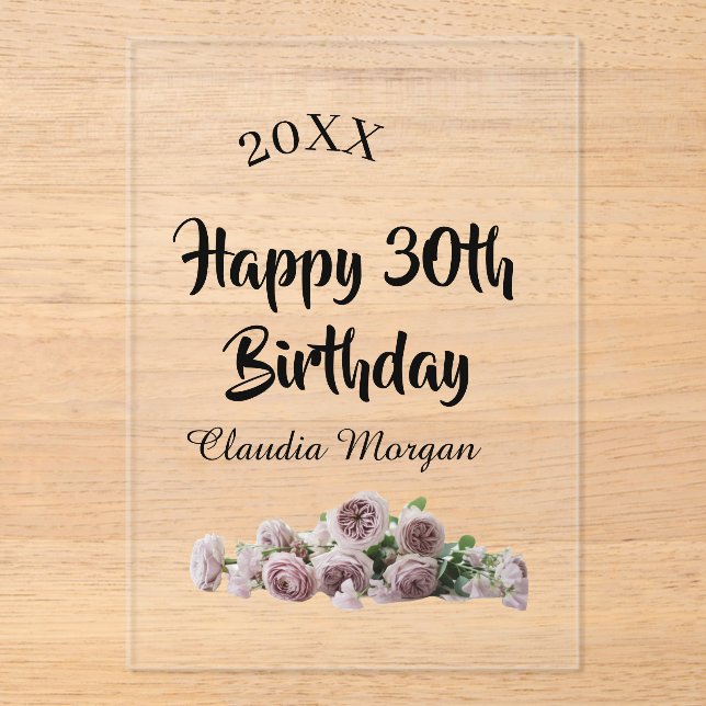 Happy 30th birthday pink white mauve floral name y acrylic invitations (Front)