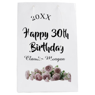Happy 30th birthday pink white mauve floral name y medium gift bag