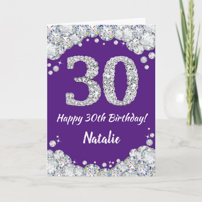 Happy 30th Birthday Purple and Silver Glitter Card (Front)