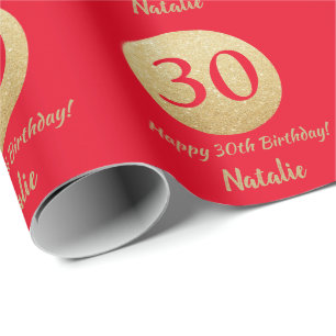Happy 30th Birthday Red and Gold Glitter Wrapping Paper