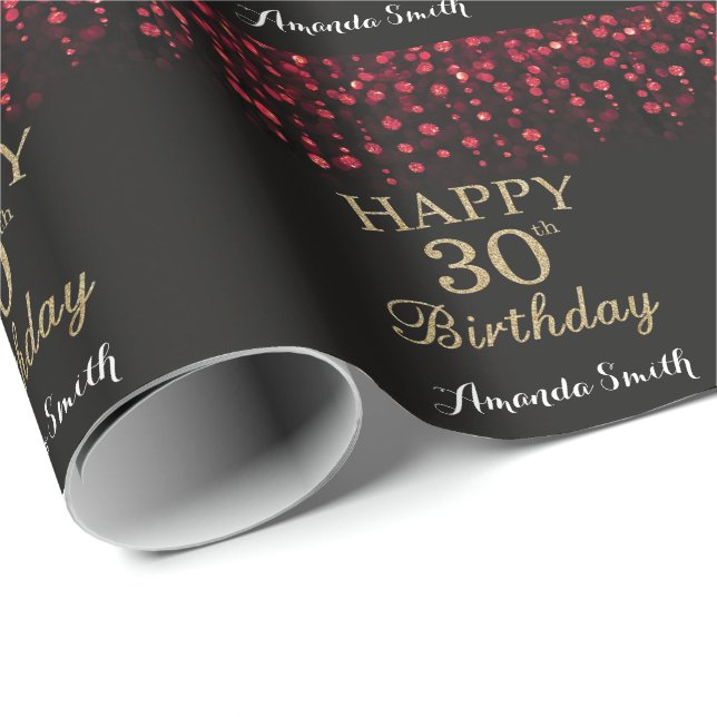 Happy 30th Birthday Red Black and Gold Glitter Wrapping Paper (Roll Corner)