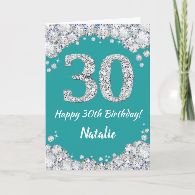 Happy 30th Birthday Teal and Silver Glitter Card (Front)
