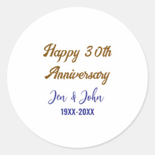 Happy 30th wedding anniversary royal blue golden s classic round sticker