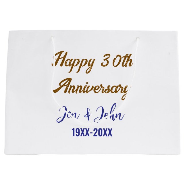 Happy 30th wedding anniversary royal blue golden s large gift bag (Front)