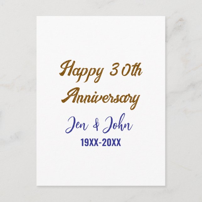 Happy 30th wedding anniversary royal blue golden s postcard (Front)