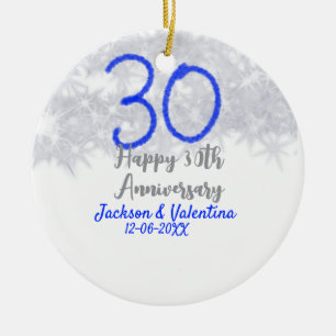 Happy 30th wedding anniversary silver blue glitter ceramic tree decoration