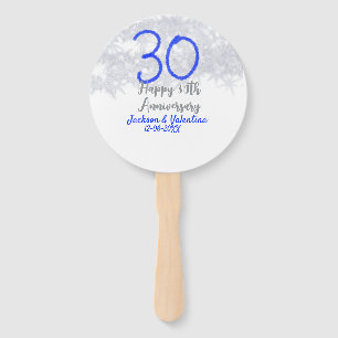 Happy 30th wedding anniversary silver blue glitter hand fan