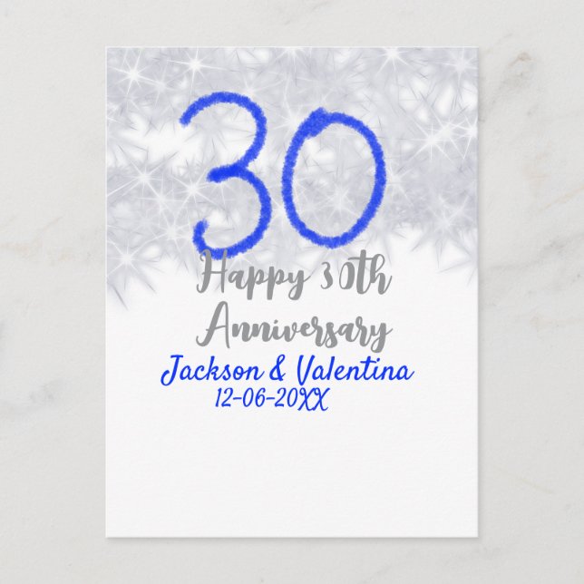 Happy 30th wedding anniversary silver blue glitter postcard (Front)