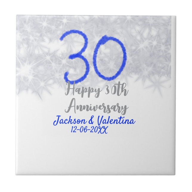 Happy 30th wedding anniversary silver blue glitter tile (Front)