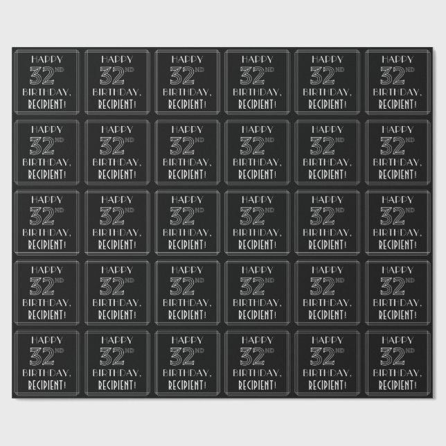 HAPPY 32ND BIRTHDAY; Art Deco Style w/ Custom Name Wrapping Paper (Flat)