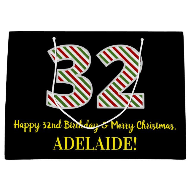 Happy 32nd Birthday & Merry Christmas, Custom Name Large Gift Bag (Front)