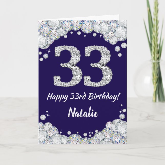 Happy 33rd Birthday Navy Blue and Silver Glitter Card (Front)