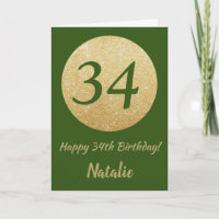 Happy 34th Birthday Green and Gold Glitter Card