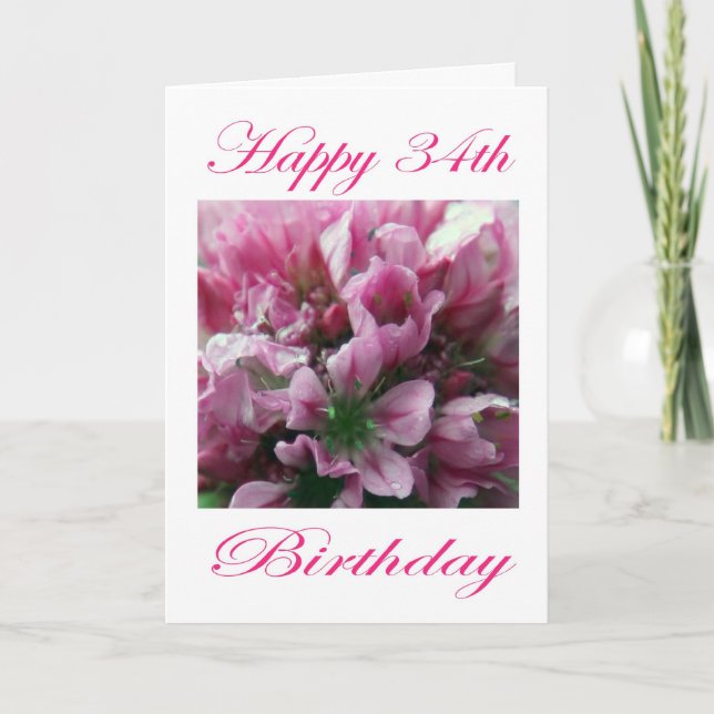 Happy 34th Birthday Pink and Green Flower Card (Front)