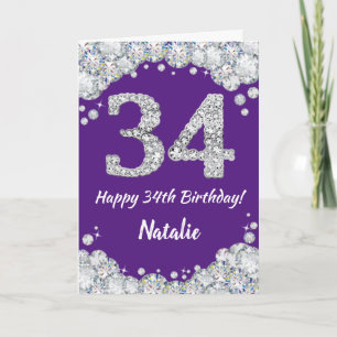 Happy 34th Birthday Purple and Silver Glitter Card