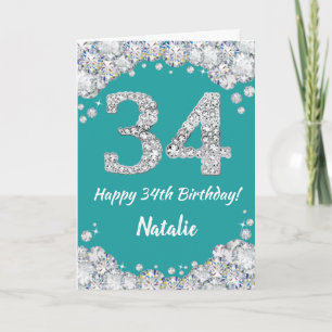 Happy 34th Birthday Teal and Silver Glitter Card