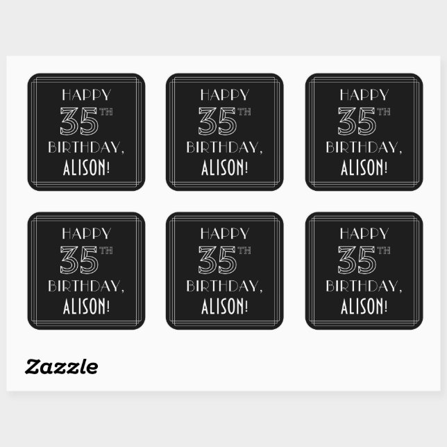 HAPPY 35TH BIRTHDAY; Art Deco Style; Custom Name Square Sticker (Sheet)