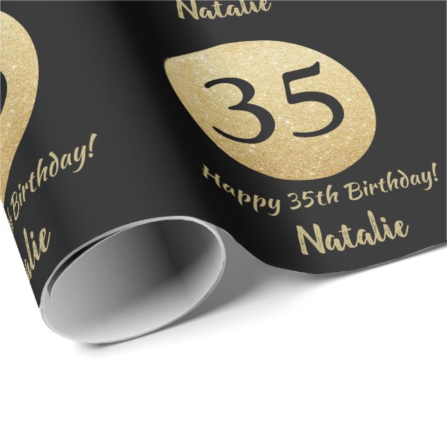 Happy 35th Birthday Black and Gold Glitter Wrapping Paper (Roll Corner)