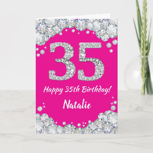 Happy 35th Birthday Hot Pink and Silver Glitter Card (Front)
