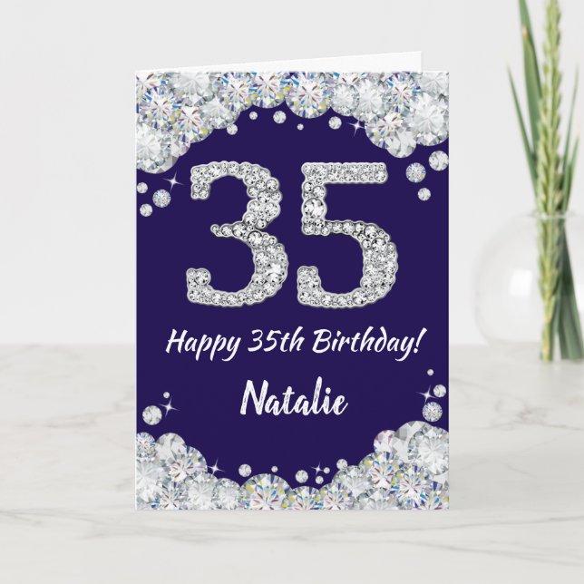 Happy 35th Birthday Navy Blue and Silver Glitter Card (Front)
