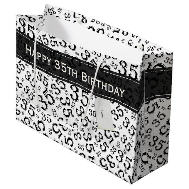 Happy 35th Birthday Number Pattern Black/White Large Gift Bag (Front Angled)