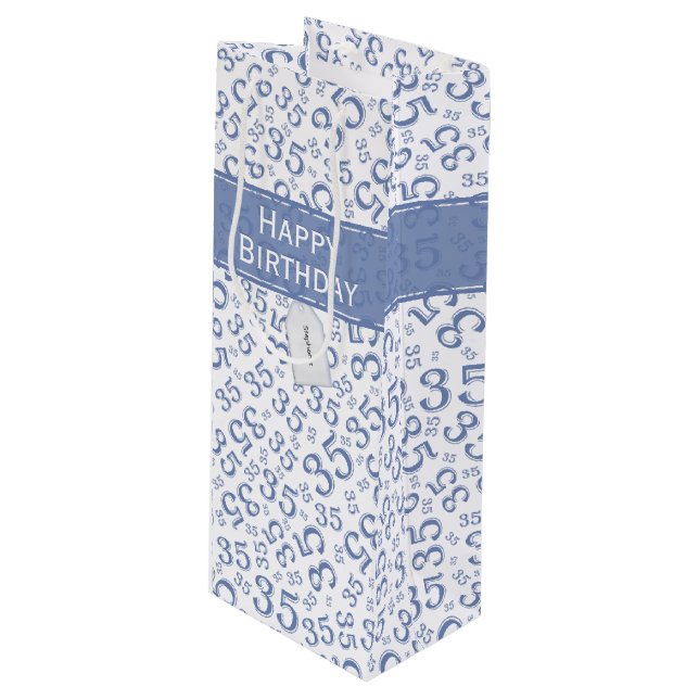 Happy 35th Birthday Number Pattern Blue/White Wine Gift Bag (Front Angled)