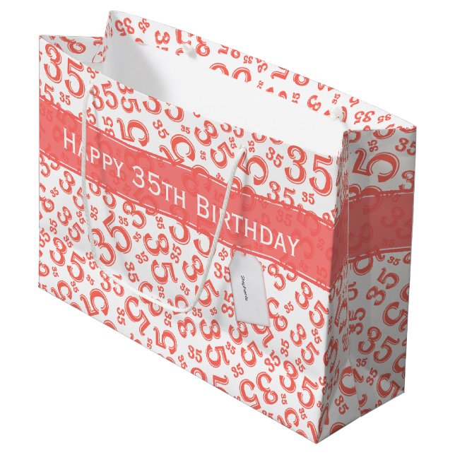 Happy 35th Birthday Number Pattern Coral/White Large Gift Bag (Front Angled)