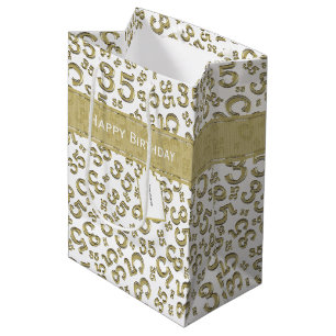 Happy 35th Birthday Number Pattern Gold/White Medium Gift Bag
