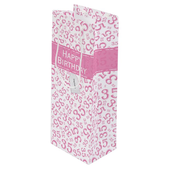 Happy 35th Birthday Number Pattern Pink/White Wine Gift Bag (Front Angled)