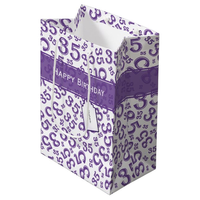 Happy 35th Birthday Number Pattern Purple/White Medium Gift Bag (Front Angled)