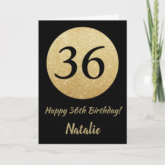 Happy 36th Birthday Black and Gold Glitter Card (Front)