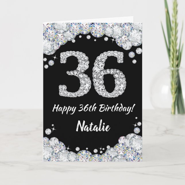 Happy 36th Birthday Black and Silver Glitter Card (Front)