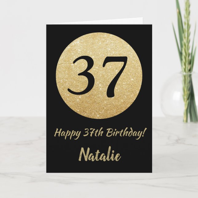 Happy 37th Birthday Black and Gold Glitter Card (Front)