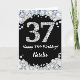 Happy 37th Birthday Black and Silver Glitter Card