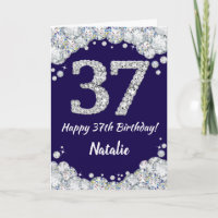 Happy 37th Birthday Navy Blue and Silver Glitter