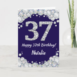 Happy 37th Birthday Navy Blue and Silver Glitter Card