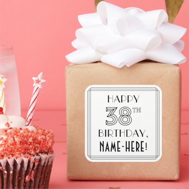 HAPPY 38TH BIRTHDAY, Art Deco Style, Custom Name Square Sticker (Party)