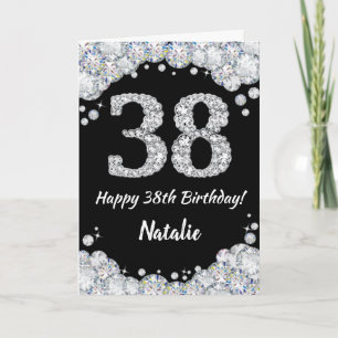 Happy 38th Birthday Black and Silver Glitter Card