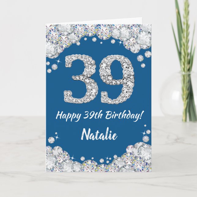 Happy 39th Birthday Blue and Silver Glitter Card (Front)