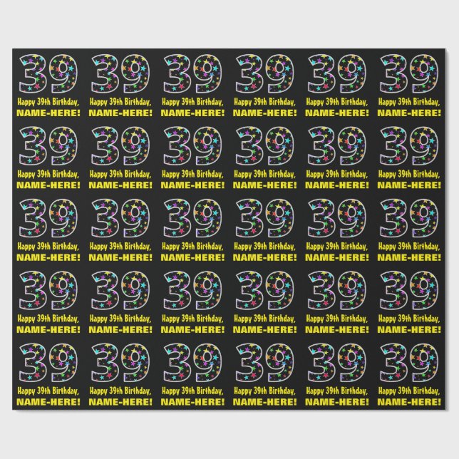 Happy 39th Birthday, Fun Colourful Stars Pattern 3 Wrapping Paper (Flat)
