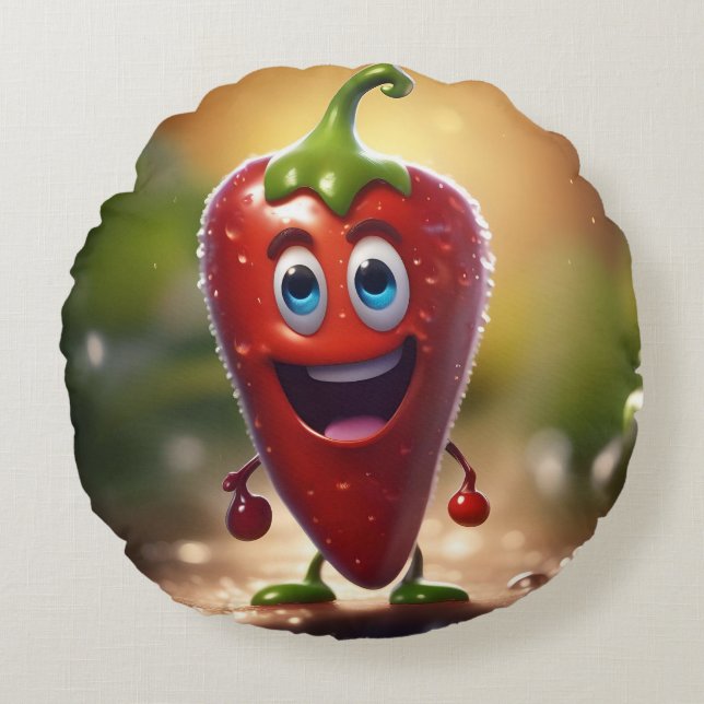 Happy 3D Animated Chili Bean, Round Cushion (Front)